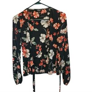 Express Floral Wrap Top Long Sleeves V-Neck Black Sz S